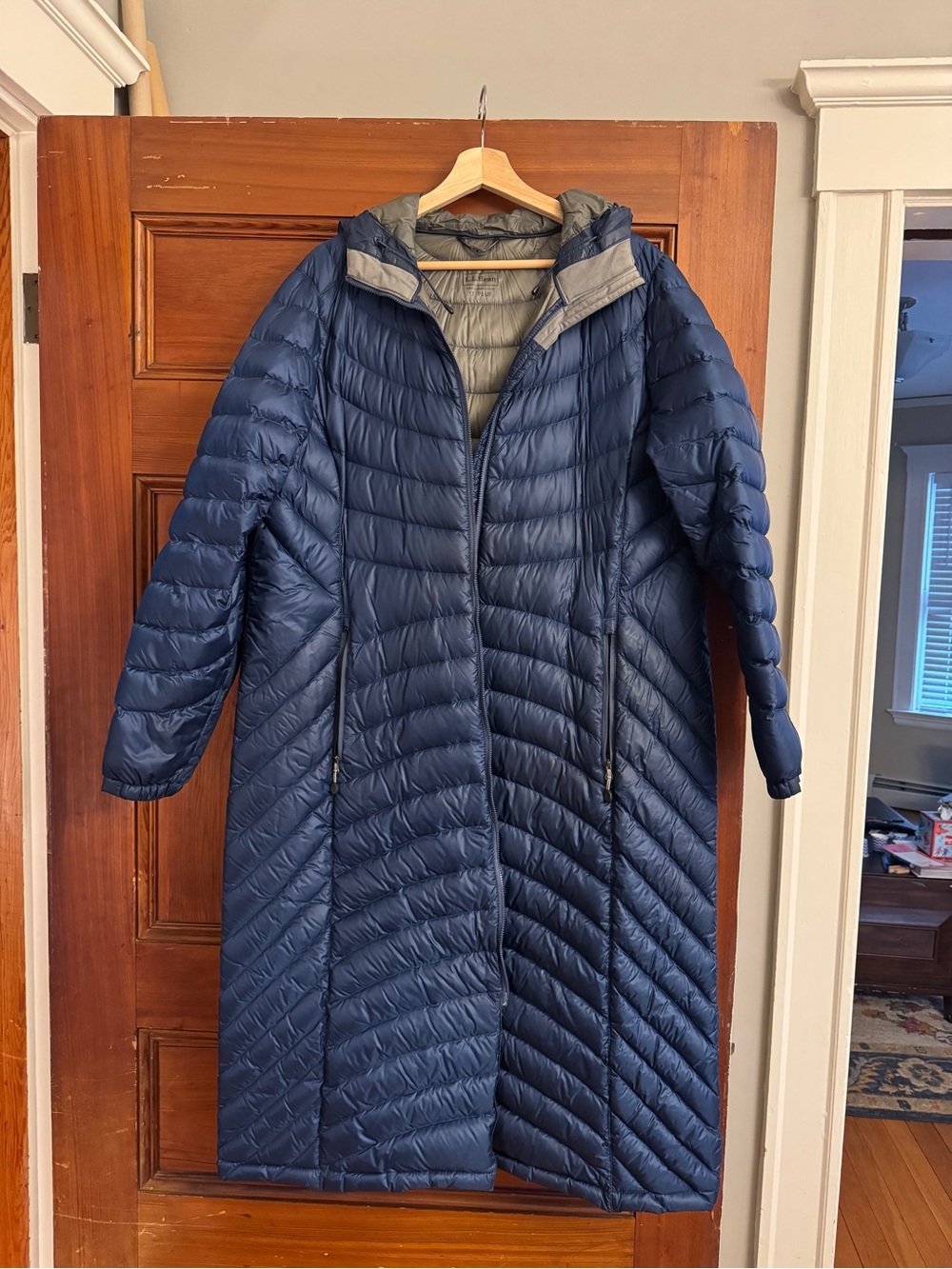 Women’s Long Navy Down Coat with Hood